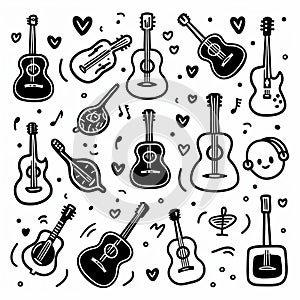 A minimalistic vector icon set of guitar, black on white, hand drawn doodle icon