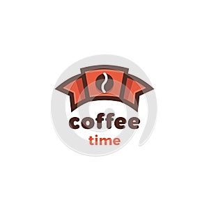 Minimalistic vector logo of red ribbon with coffee bean. Flat logotype for coffee shop