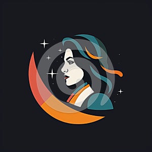 Minimalistic Vector Logo: Woman In The Moon With Stars
