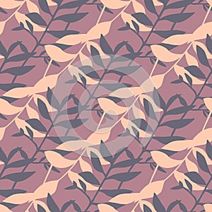 Minimalistic vintage seamless pattern with navy blue and light orange color leaf branches. Purple background