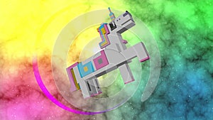 Minimalistic, voxel style animation: Goofy unicorn, absurd, colorful backdrop.