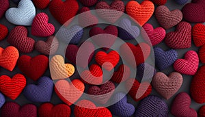 Minimalistic wallpaper for Valentine\'s Day. Concept of love. Knitted hearts in different colors