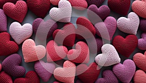 Minimalistic wallpaper for Valentine\'s Day. Concept of love. Knitted hearts in different colors