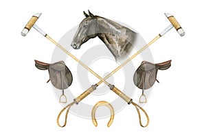 Minimalistic watercolor illustrations of horse portrait, saddles, golden horseshoes and horse polo sticks , isolated