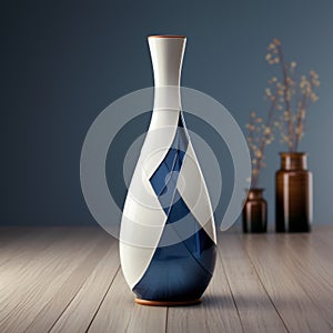 Minimalistic White And Blue Vase With Traditional Techniques