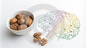 A minimalistic white bowl showcasing a small collection of polished walnuts each replicating the complexity of the human photo