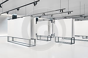 Minimalistic white gallery interior with empty exhibition stand