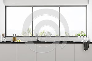 Minimalistic white kitchen interior, window