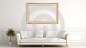 Minimalistic White Sofa With Golden Frame - 3d Rendering Stock Photo