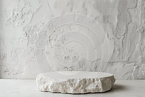 Minimalistic white stone podium. Mock up for product, cosmetic presentation. Pedestal, platform for beauty products