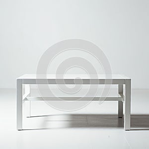 A minimalistic white table with a rectangular shape and straight, clean lines. It