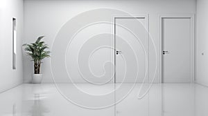 Minimalistic White Warehouse Interior with Doors and Blank Wall