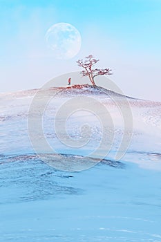 Minimalistic winter landscape. Silhouette of a man and a lonely tree on a background of snow and the moon.