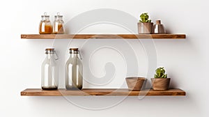 Minimalistic Wooden Shelves With Bottles And Jars - Uhd Image