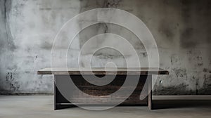 Minimalistic Wooden Table In Concrete Wall: Editorial Style Photo photo