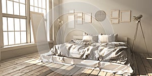 Minimalistik bedroom layout in loft style in the rays of sunligh