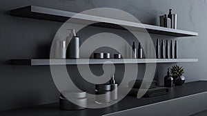 A minimalists dream this monochrome theme features a sleek and streamlined backdrop of black. The floating shelves with