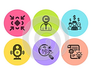 Minimize, Copyrighter and Speaker icons set. Salary employees, Search flight and Cogwheel signs. Vector photo