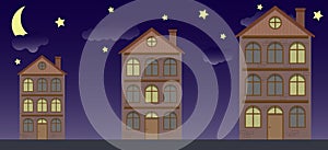 The minimum suburban residential building of vector illustrations. Cute houses in the night