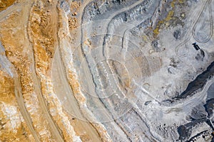 Mining from above. Industrial terraces on open pit  mineral mine. Aerial view of opencast mining. Dolomite Mine Excavation.