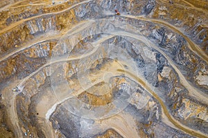 Mining from above. Industrial terraces on open pit  mineral mine. Aerial view of opencast mining. Dolomite Mine Excavation.