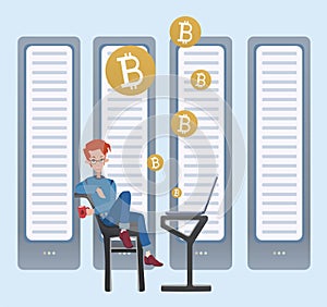 Mining bitcoin concept. Young man sitting at the computer in the server room. Cryptocurrency mining farm. Vector