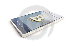 Mining bitcoin on the phone on a white background 3D illustration, 3D rendering