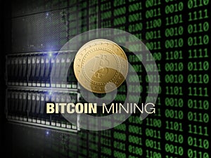 Mining bitcoin on server and dollars background
