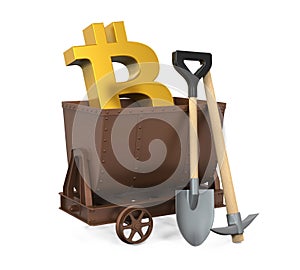 Mining Cart, Pick Axe, Shovel with Bitcoin Symbol Isolated