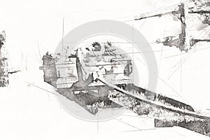 Mining cart in silver, gold, copper mine, mediaeval old history art illustration retro vintage antique sketch