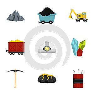 Mining coal industry icons set, flat style