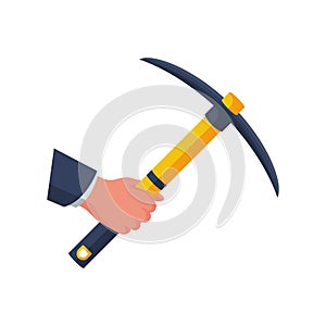 Mining concept. Pickax in hand. Mainer holds in hands tools