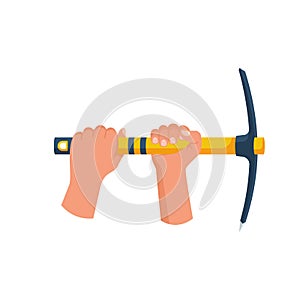 Mining concept. Pickax in hand. Mainer holds in hands tools.