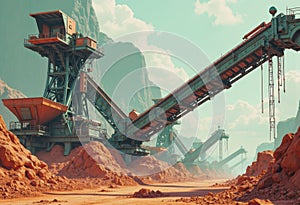 Mining conveyor system transporting ore through a rugged landscape