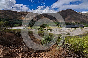 Mining debris in the santa river in callejon de huaylas with snowy mountain in the background and cactus photo