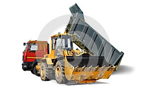 Mining dump truck and bulldozer loader close-up on a white isolated background.Construction equipment for earthworks. element for