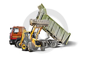 Mining dump truck and bulldozer loader close-up on a white isolated background.Construction equipment for earthworks. element for