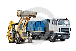 Mining dump truck and bulldozer loader close-up on a white isolated background.Construction equipment for earthworks. element for