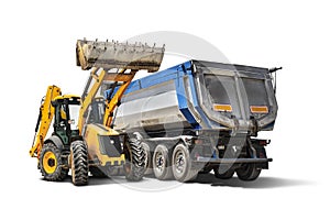 Mining dump truck and bulldozer loader close-up on a white isolated background.Construction equipment for earthworks. element for