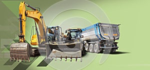 Mining dump truck, crawler excavator and bulldozer loader close-up on industrial background. Construction equipment for earthworks