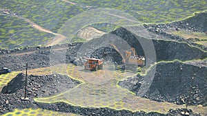 A mining dump truck drives on a road in a deep iron ore quarry. Iron ore mining. Visualization of a modern quarry.
