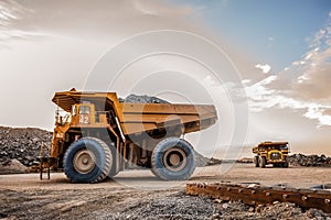 Mining dump trucks transporting Platinum ore for processing