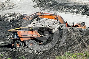 Mining dump trucks working in coalmine.