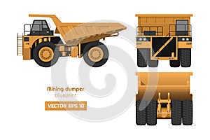 Mining dumper on white background. Back, side and front view. Heavy truck image. Industrial 3d drawing of cargo car