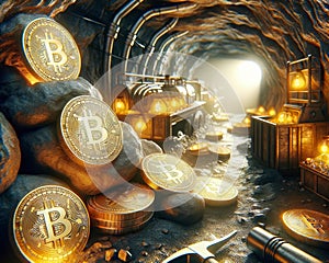 Mining Electronic Money Bitcoin Cryptocurrency Global Digital Currency Investments Crypto Coins Dollars AI Generated