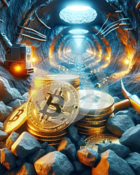 Mining Electronic Money Bitcoin Cryptocurrency Global Digital Currency Investments Crypto Coins Dollars AI Generated
