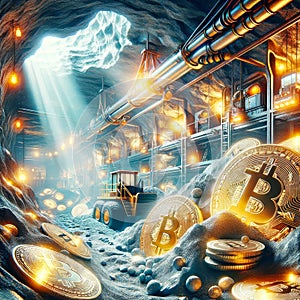 Mining Electronic Money Bitcoin Cryptocurrency Global Digital Currency Investments Crypto Coins Dollars AI Generated