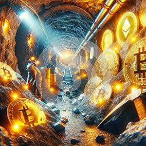 Mining Electronic Money Bitcoin Cryptocurrency Global Digital Currency Investments Crypto Coins Dollars AI Generated