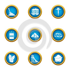 Mining engineering icons set, flat style