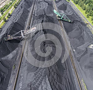 Mining excavator on the bottom surface mine. Brown coal deposits